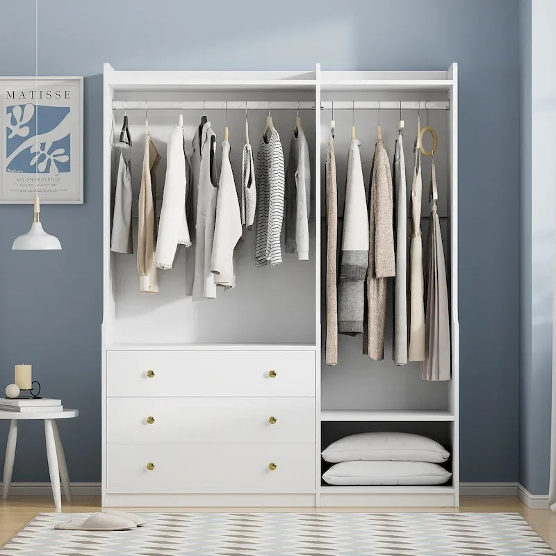 Armoire-penderie ouverte, armoire avec 2 tringles et 3 tiroirs, armoire de rangement en bois