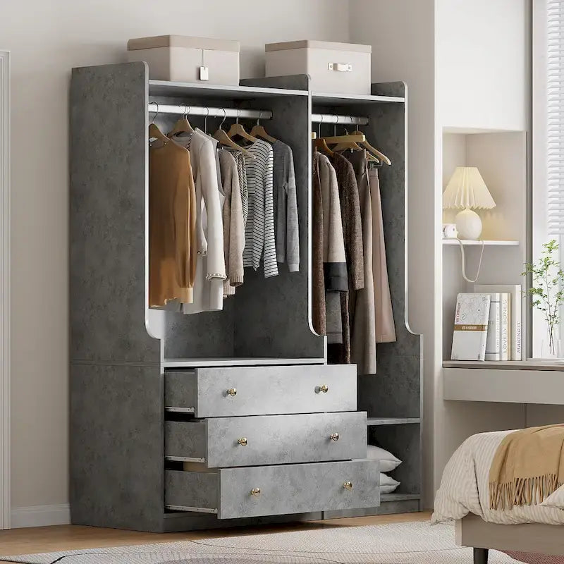 Armoire-penderie ouverte, armoire avec 2 tringles et 3 tiroirs, armoire de rangement en bois