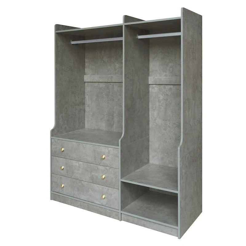 Armoire-penderie ouverte, armoire avec 2 tringles et 3 tiroirs, armoire de rangement en bois