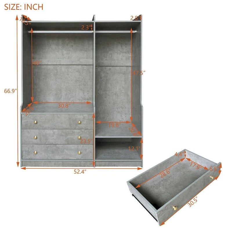 Armoire-penderie ouverte, armoire avec 2 tringles et 3 tiroirs, armoire de rangement en bois