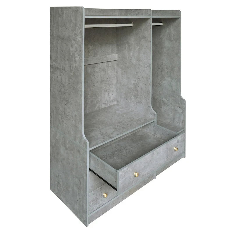 Armoire-penderie ouverte, armoire avec 2 tringles et 3 tiroirs, armoire de rangement en bois