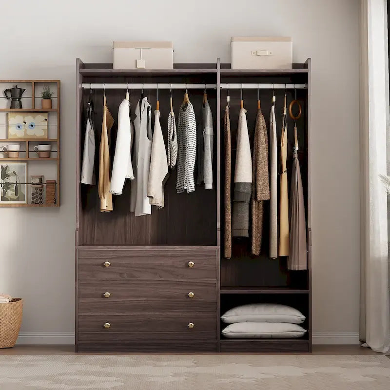 Armoire-penderie ouverte, armoire avec 2 tringles et 3 tiroirs, armoire de rangement en bois