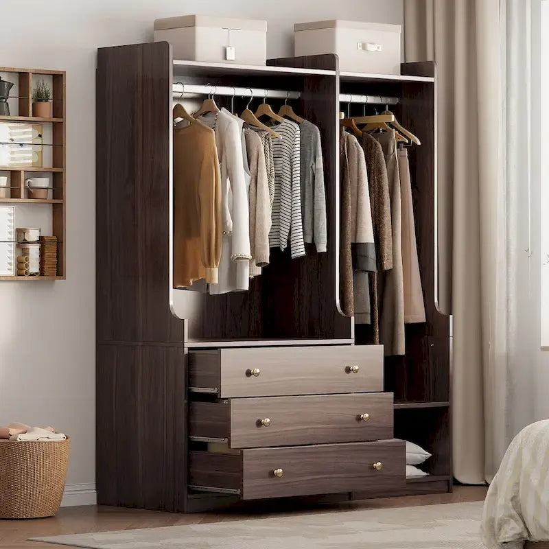 Armoire-penderie ouverte, armoire avec 2 tringles et 3 tiroirs, armoire de rangement en bois