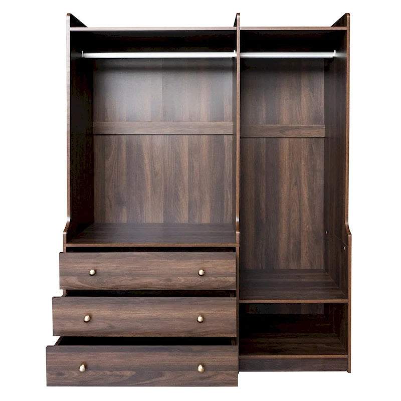 Armoire-penderie ouverte, armoire avec 2 tringles et 3 tiroirs, armoire de rangement en bois