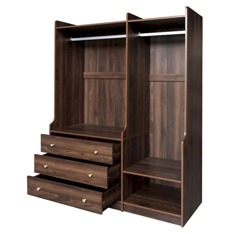Armoire-penderie ouverte, armoire avec 2 tringles et 3 tiroirs, armoire de rangement en bois