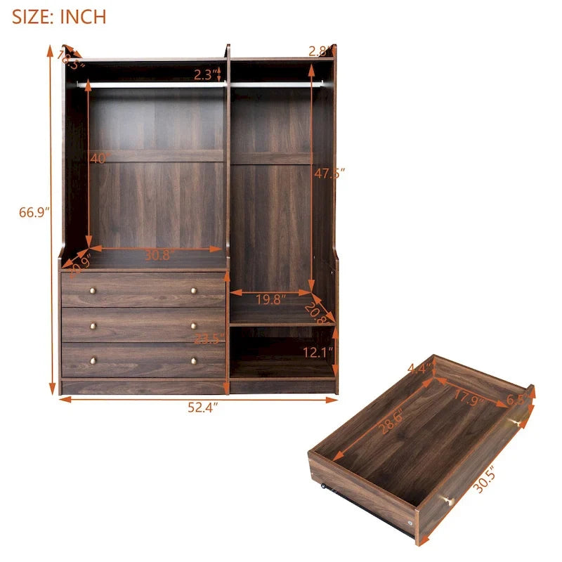 Armoire-penderie ouverte, armoire avec 2 tringles et 3 tiroirs, armoire de rangement en bois
