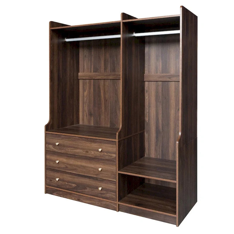 Armoire-penderie ouverte, armoire avec 2 tringles et 3 tiroirs, armoire de rangement en bois