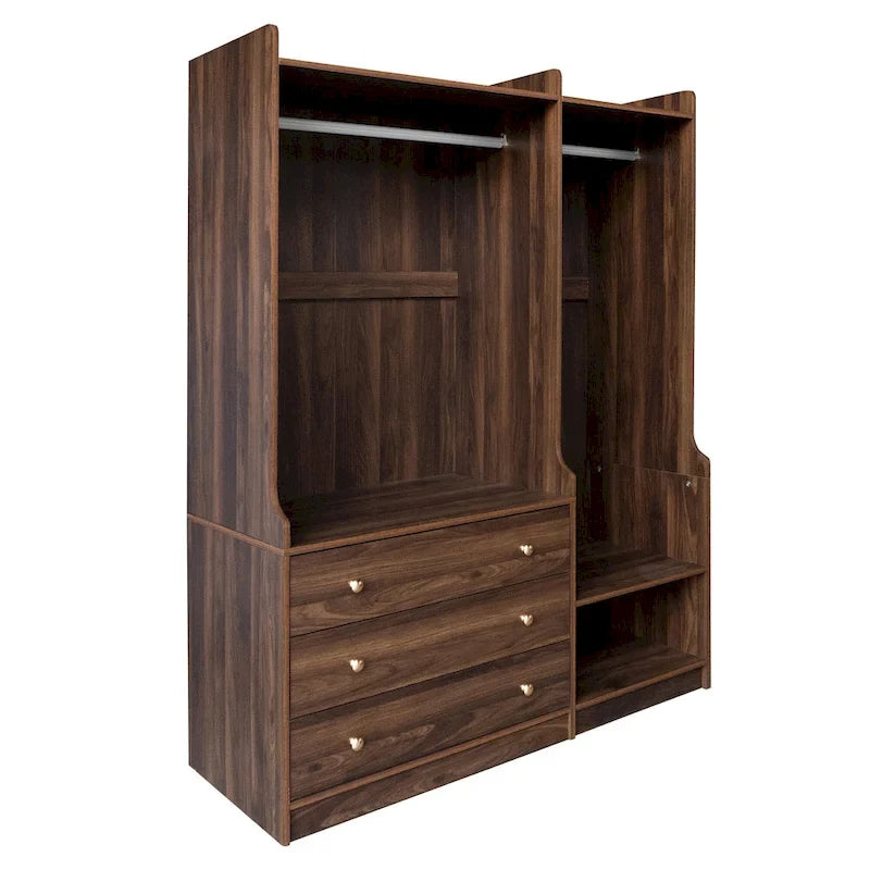 Armoire-penderie ouverte, armoire avec 2 tringles et 3 tiroirs, armoire de rangement en bois