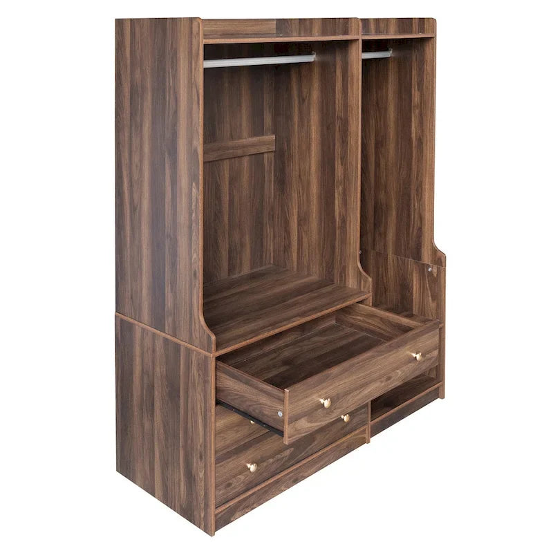 Armoire-penderie ouverte, armoire avec 2 tringles et 3 tiroirs, armoire de rangement en bois