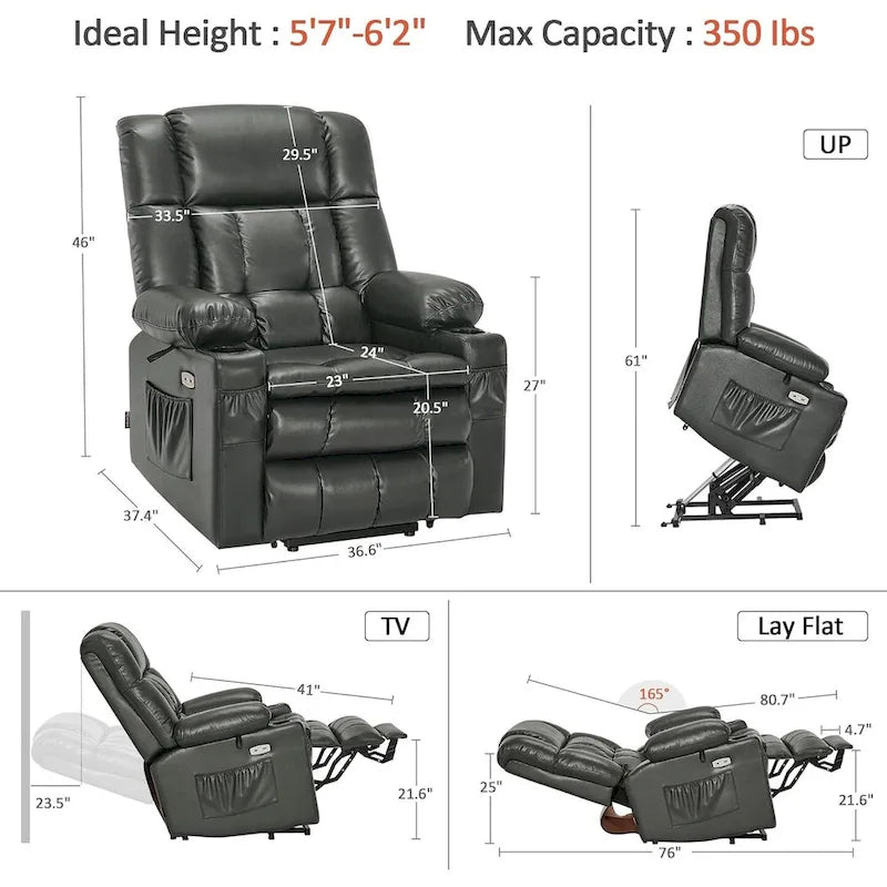 Large Dual Motor Power Lift Recliner Chair Sofa with Massage and Heat for Tall Elderly People, Faux Leather 7896