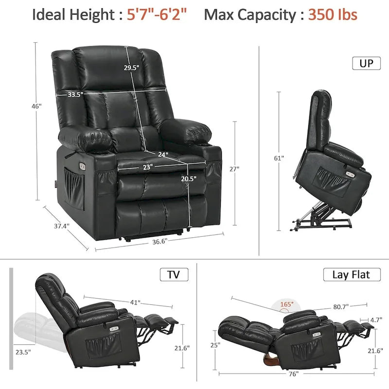 Large Dual Motor Power Lift Recliner Chair Sofa with Massage and Heat for Tall Elderly People, Faux Leather 7896