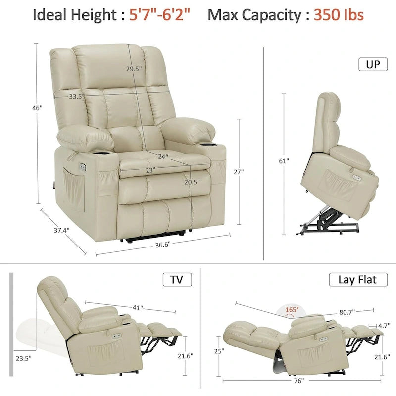 Large Dual Motor Power Lift Recliner Chair Sofa with Massage and Heat for Tall Elderly People, Faux Leather 7896