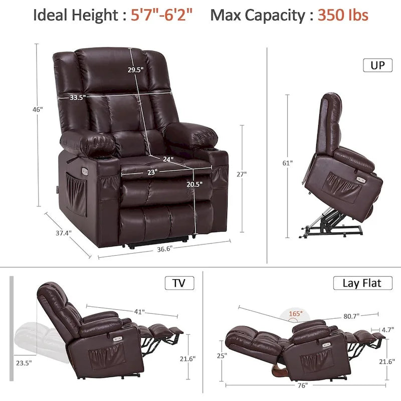 Large Dual Motor Power Lift Recliner Chair Sofa with Massage and Heat for Tall Elderly People, Faux Leather 7896