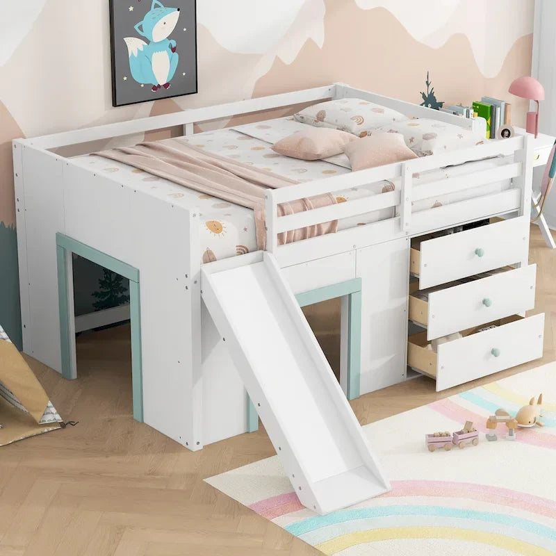 Full Size Low Loft Bed with Slide,Three Storage Drawers and 2 Doors, White