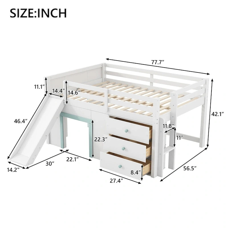 Lit mezzanine bas grandeur nature avec toboggan, trois tiroirs de rangement et 2 portes, blanc