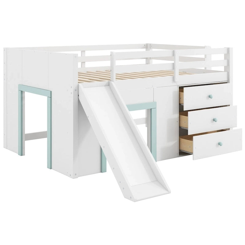 Lit mezzanine bas grandeur nature avec toboggan, trois tiroirs de rangement et 2 portes, blanc