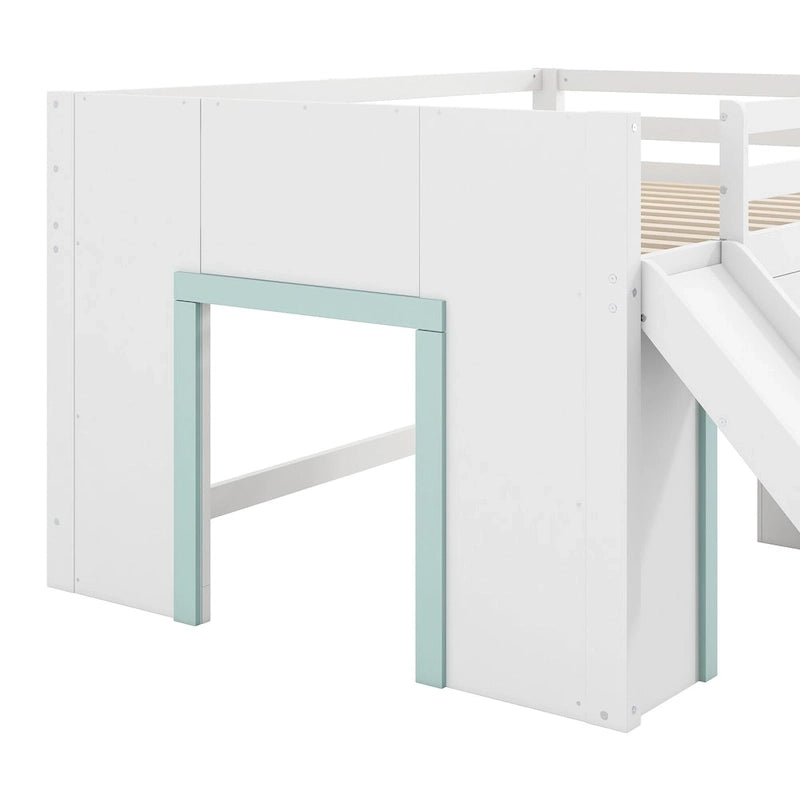 Lit mezzanine bas grandeur nature avec toboggan, trois tiroirs de rangement et 2 portes, blanc