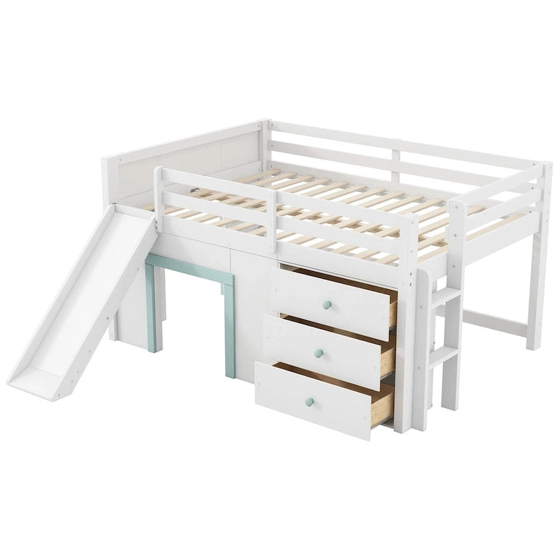 Lit mezzanine bas grandeur nature avec toboggan, trois tiroirs de rangement et 2 portes, blanc