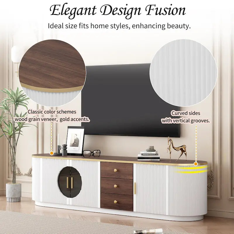 Meuble TV moderne minimaliste de 180 cm pour téléviseurs jusqu'à 80 pouces, centre de divertissement avec 3 tiroirs et 1 étagère, poignées en métal