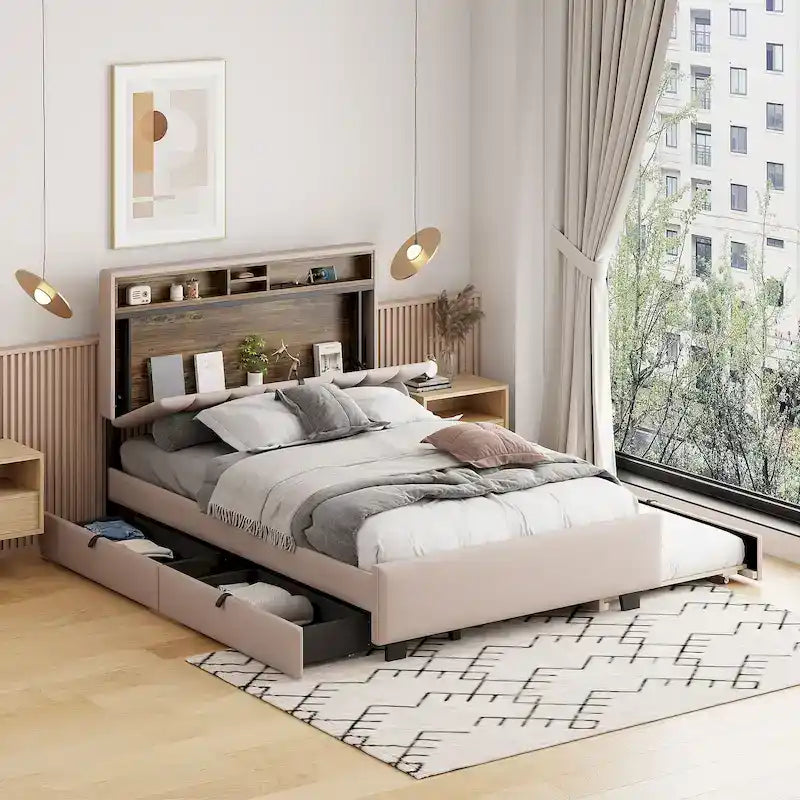 Lit plateforme rembourré pleine grandeur beige avec tête de lit de rangement, lit gigogne double XL et 2 tiroirs