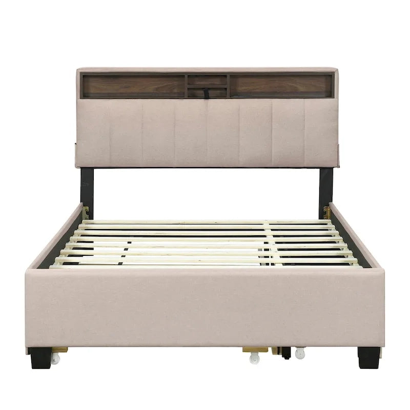 Lit plateforme rembourré pleine grandeur beige avec tête de lit de rangement, lit gigogne double XL et 2 tiroirs