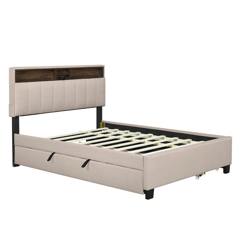 Lit plateforme rembourré pleine grandeur beige avec tête de lit de rangement, lit gigogne double XL et 2 tiroirs