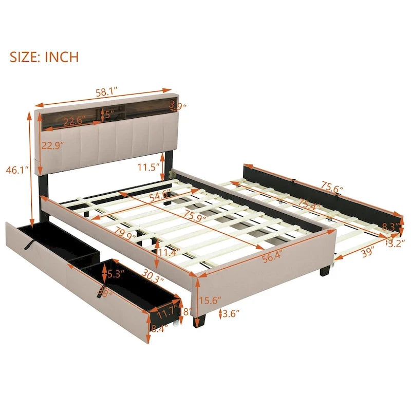 Lit plateforme rembourré pleine grandeur beige avec tête de lit de rangement, lit gigogne double XL et 2 tiroirs