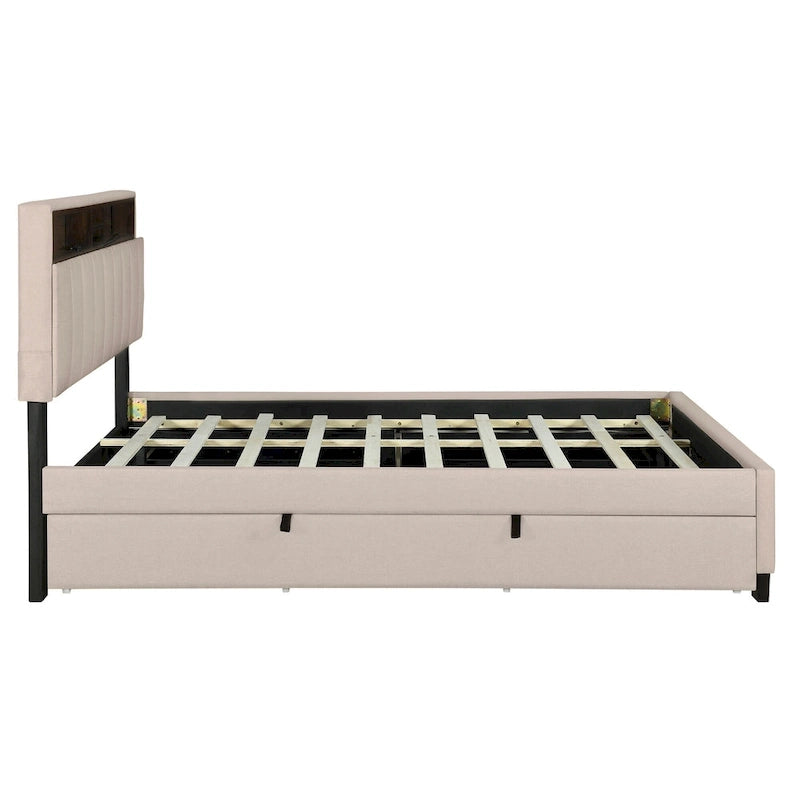 Lit plateforme rembourré pleine grandeur beige avec tête de lit de rangement, lit gigogne double XL et 2 tiroirs