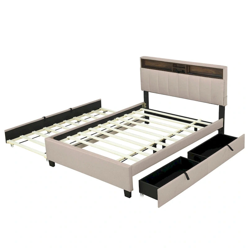 Lit plateforme rembourré pleine grandeur beige avec tête de lit de rangement, lit gigogne double XL et 2 tiroirs