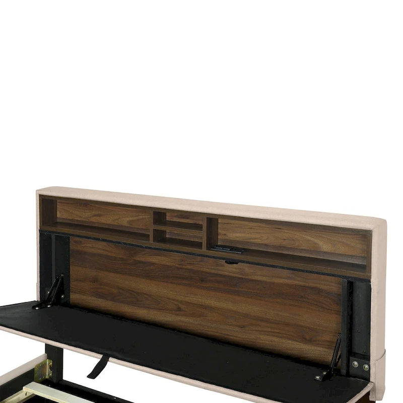 Lit plateforme rembourré pleine grandeur beige avec tête de lit de rangement, lit gigogne double XL et 2 tiroirs