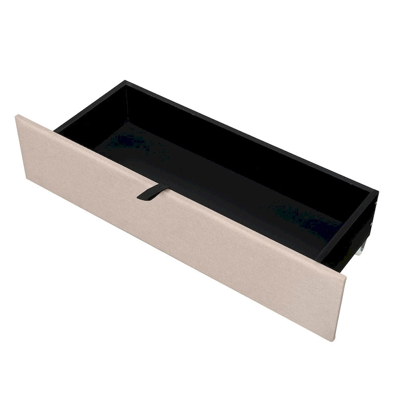 Lit plateforme rembourré pleine grandeur beige avec tête de lit de rangement, lit gigogne double XL et 2 tiroirs