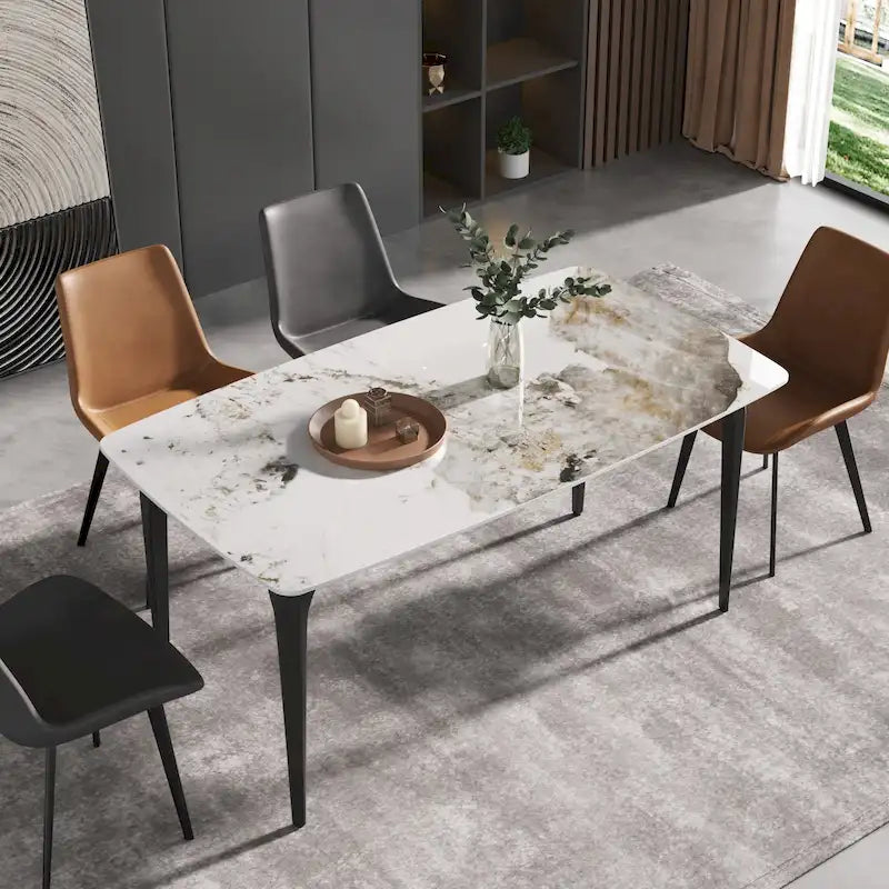 Table de salle à manger moderne en ardoise, plateau en pierre frittée à motif design et pieds en métal.