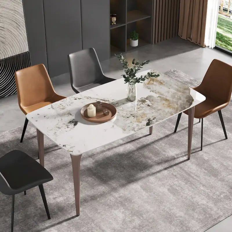 Table de salle à manger moderne en ardoise, plateau en pierre frittée à motif design et pieds en métal.
