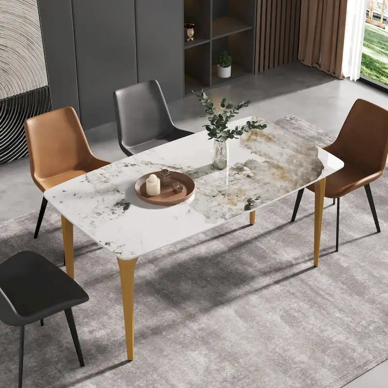 Table de salle à manger moderne en ardoise, plateau en pierre frittée à motif design et pieds en métal.