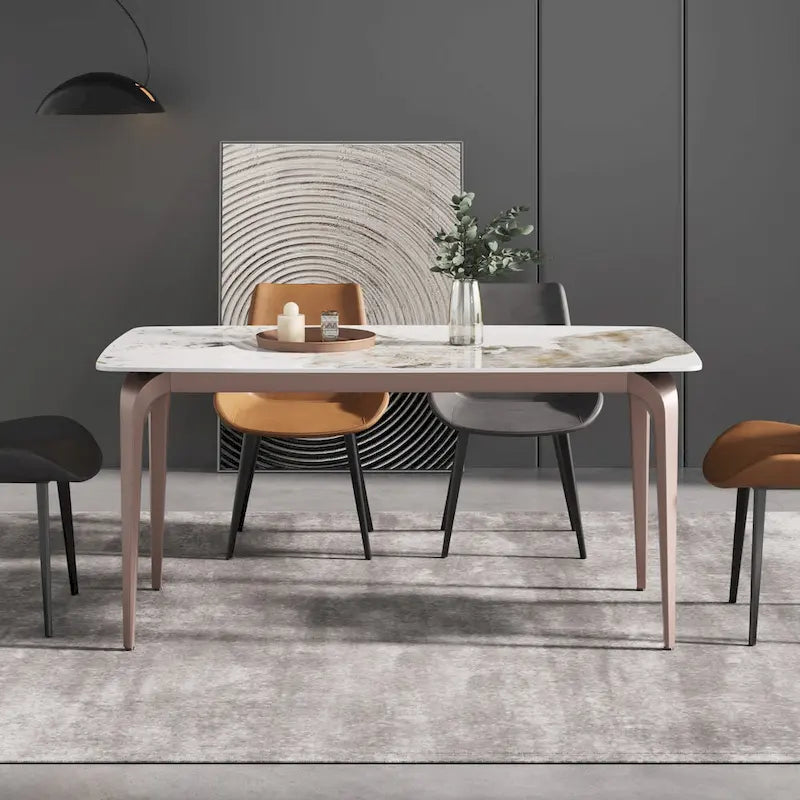 Table de salle à manger moderne en ardoise, plateau en pierre frittée à motif design et pieds en métal.