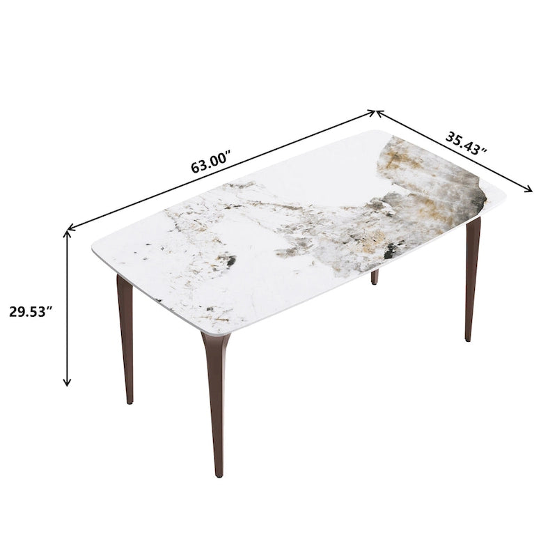 Table de salle à manger moderne en ardoise, plateau en pierre frittée à motif design et pieds en métal.