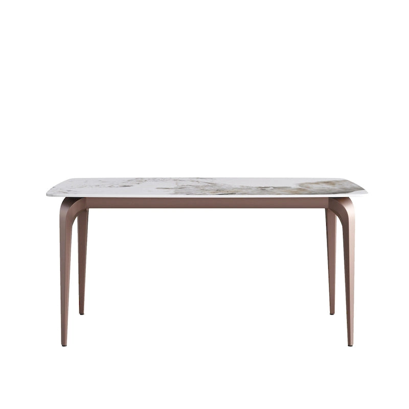Table de salle à manger moderne en ardoise, plateau en pierre frittée à motif design et pieds en métal.