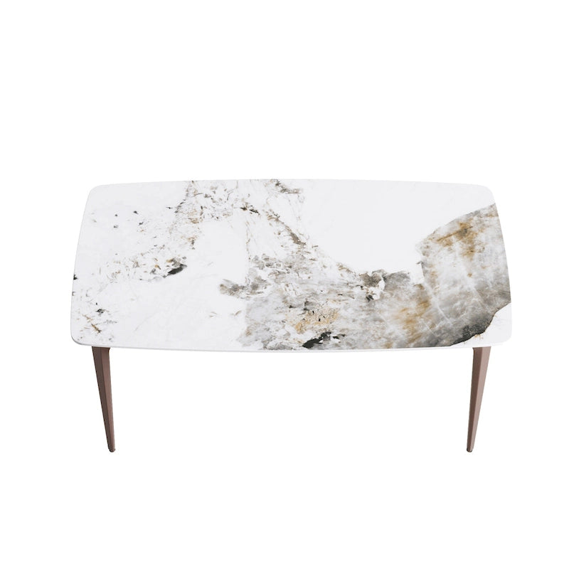 Table de salle à manger moderne en ardoise, plateau en pierre frittée à motif design et pieds en métal.