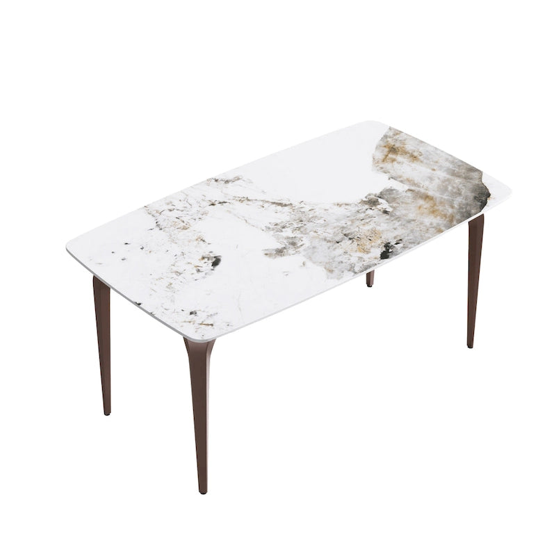 Table de salle à manger moderne en ardoise, plateau en pierre frittée à motif design et pieds en métal.