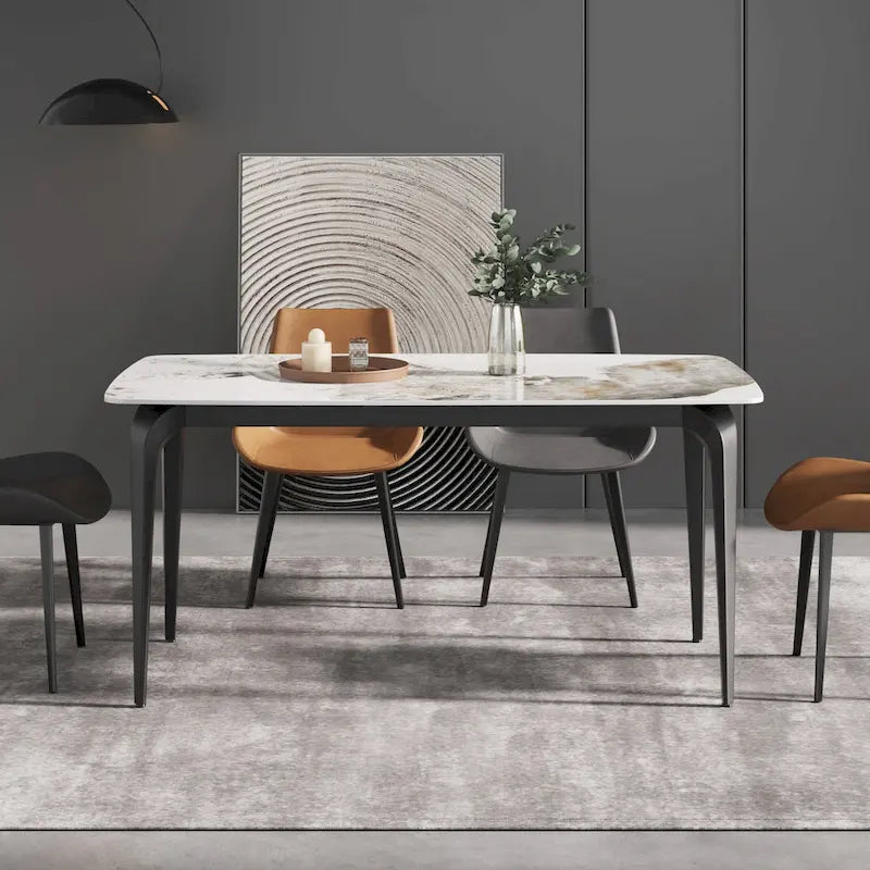Table de salle à manger moderne en ardoise, plateau en pierre frittée à motif design et pieds en métal.