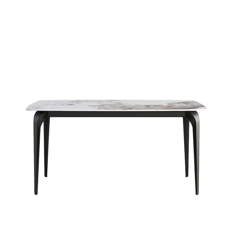 Table de salle à manger moderne en ardoise, plateau en pierre frittée à motif design et pieds en métal.