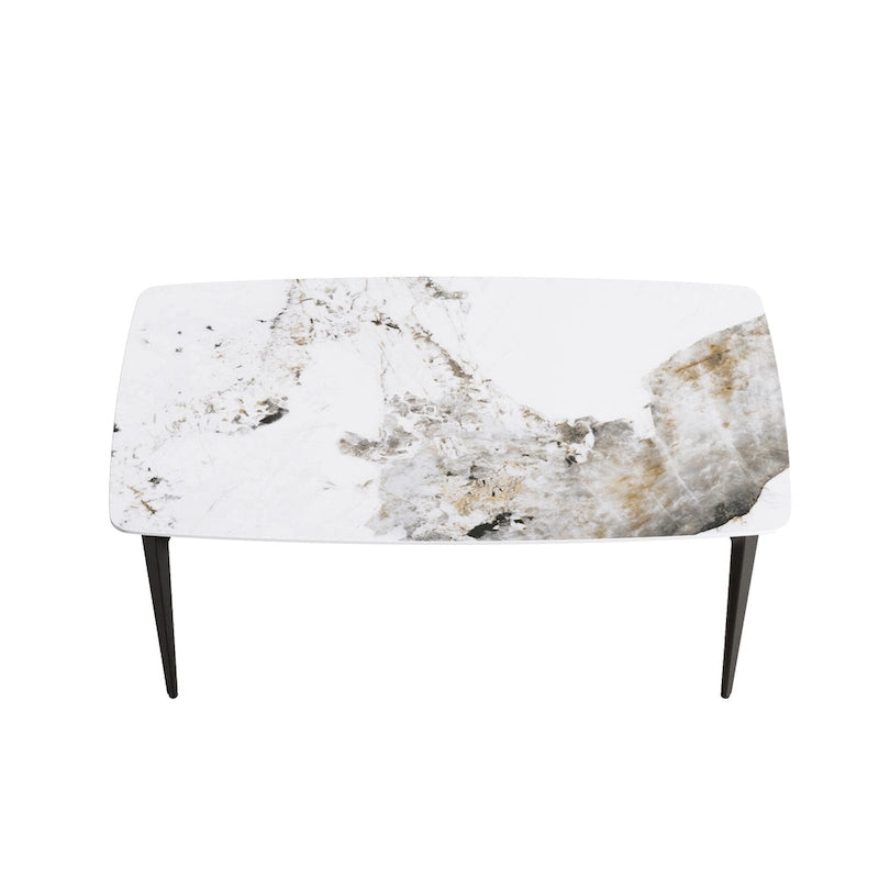 Table de salle à manger moderne en ardoise, plateau en pierre frittée à motif design et pieds en métal.