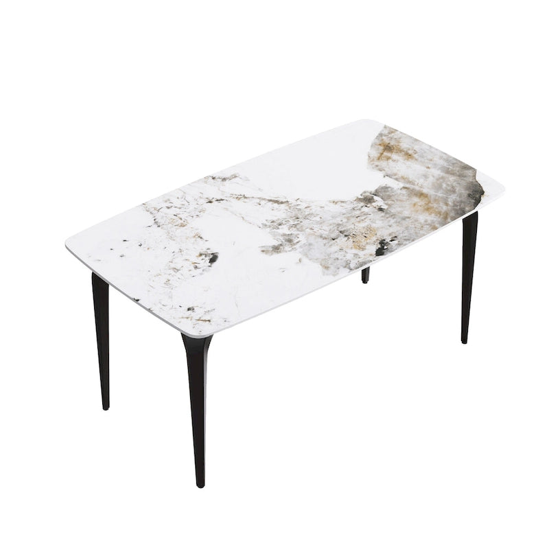 Table de salle à manger moderne en ardoise, plateau en pierre frittée à motif design et pieds en métal.