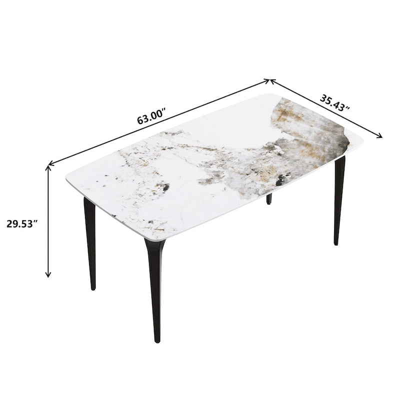 Table de salle à manger moderne en ardoise, plateau en pierre frittée à motif design et pieds en métal.