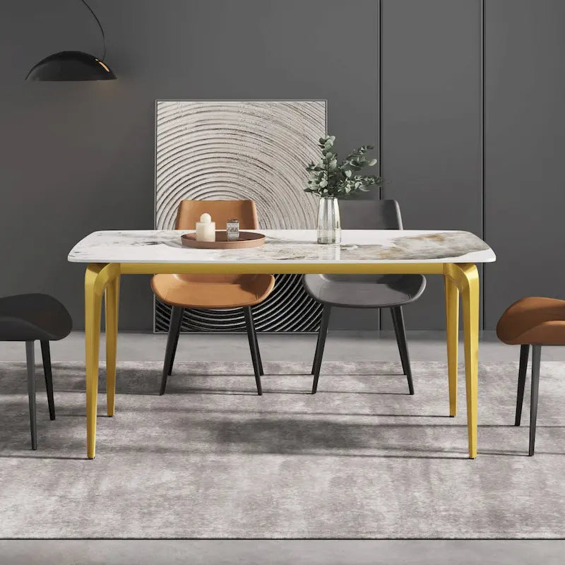 Table de salle à manger moderne en ardoise, plateau en pierre frittée à motif design et pieds en métal.