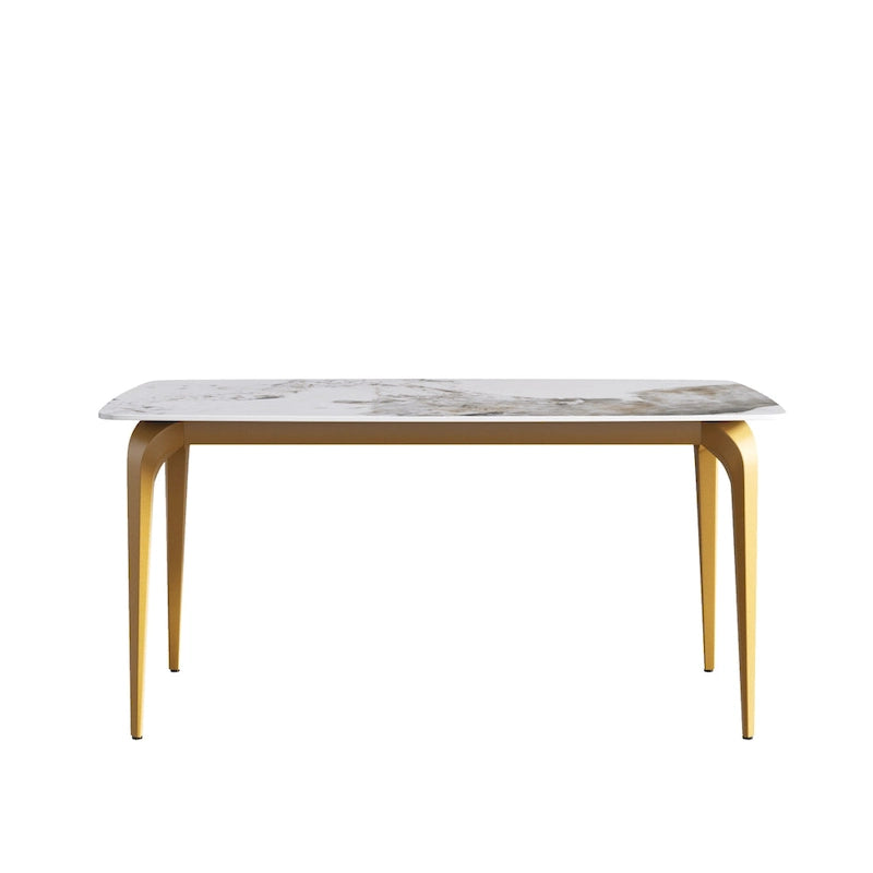 Table de salle à manger moderne en ardoise, plateau en pierre frittée à motif design et pieds en métal.