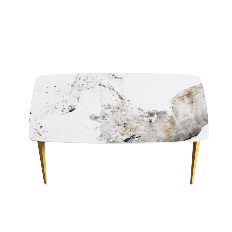 Table de salle à manger moderne en ardoise, plateau en pierre frittée à motif design et pieds en métal.