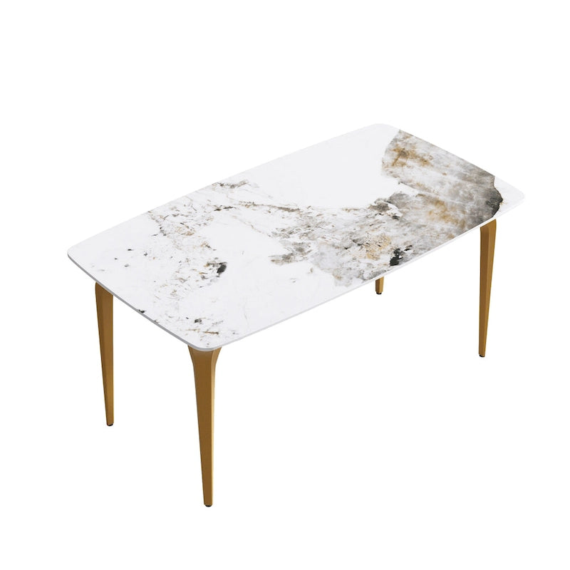 Table de salle à manger moderne en ardoise, plateau en pierre frittée à motif design et pieds en métal.