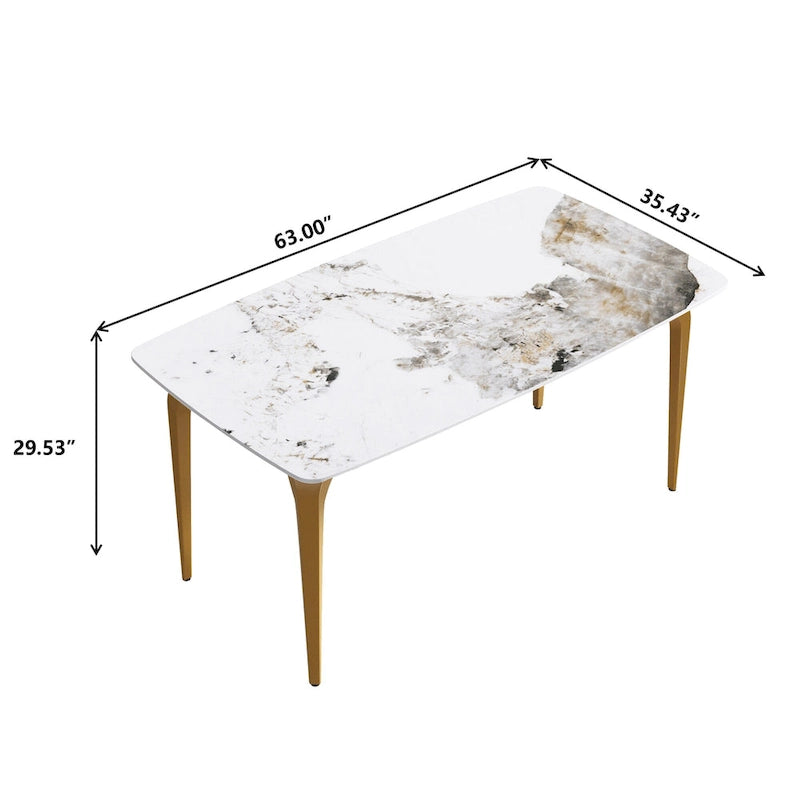 Table de salle à manger moderne en ardoise, plateau en pierre frittée à motif design et pieds en métal.