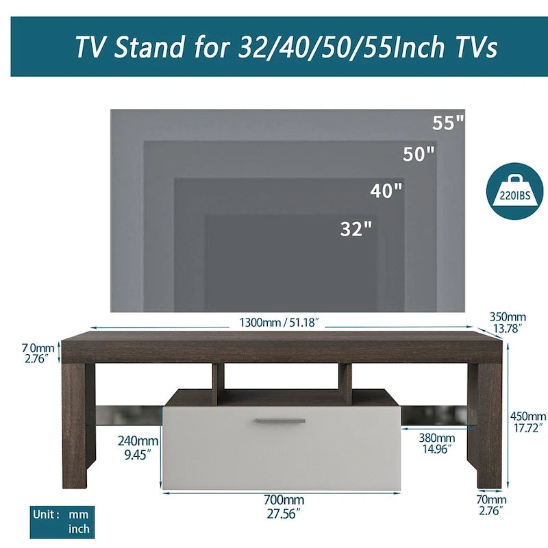 Meuble TV LED moderne de 51 pouces avec placard, assemblage rapide en 20 minutes